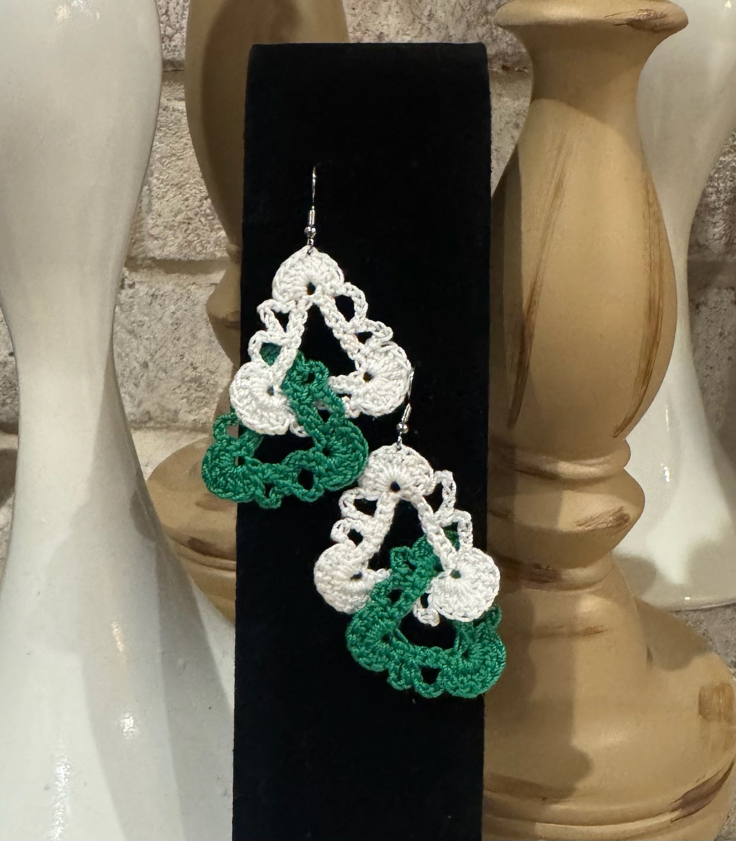Crocheted Green and White Triangle Earrings