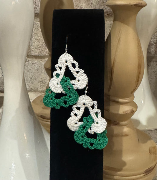 Crocheted Green and White Triangle Earrings